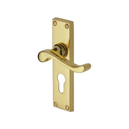 Heritage Brass Door Handle for Euro Profile Plate Bedford Design Polished Brass finish