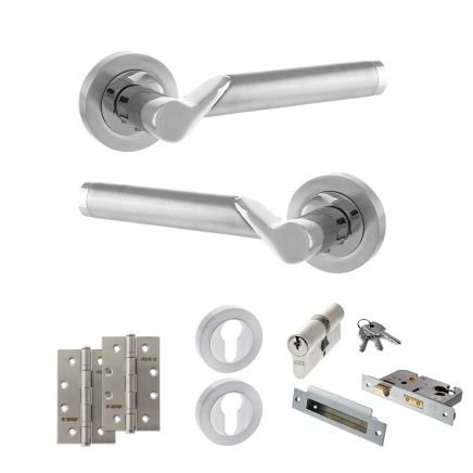 STATUS Hawaii Door Handle Pack (Euro Lock Set - 2.5" CE Sashlock, 4" Slim Knuckle Hinges x2) - Satin Chrome/Polished Chrome