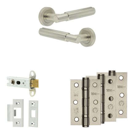 Complete Bloom Door Handle Pack - Heavy Duty Latch - Satin Nickel - 76mm / 3-inch Hinges - JE-B21B-SN