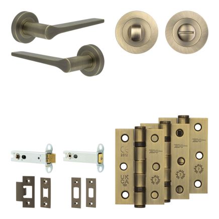 Complete Gio Door Handle Pack - Heavy Duty Tubular Bathroom (Standard Thumb Turn) - Antique Brass - 102mm / 3-inch Hinges - JE-E32B3-AB