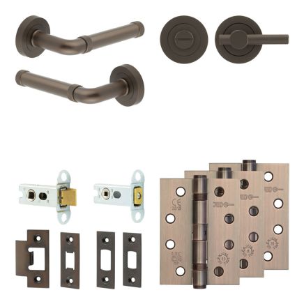 Complete Midtown Door Handle Pack - Heavy Duty Tubular Bathroom (Knurled Thumb Turn) - Dark Bronze - 64mm / 4-inch Hinges - JE-G30A1-DB