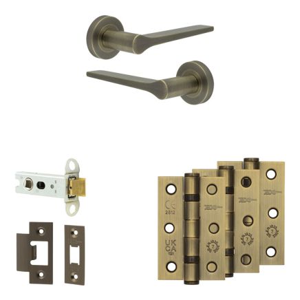 Complete Gio Door Handle Pack - Heavy Duty Latch - Antique Brass - 76mm / 3-inch Hinges - JE-E21B-AB