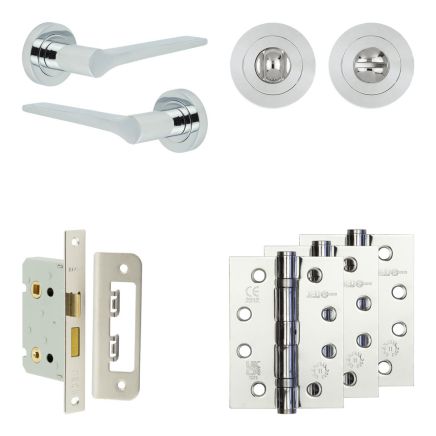 Complete Gio Door Handle Pack - Bathroom Lock (Standard Thumb Turn) - Polished Chrome - 65mm / 4-inch Hinges - JE-E5A3-PC