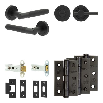 Complete Venice Door Handle Pack - Heavy Duty Tubular Bathroom (Plain Thumb Turn) - Matt Black - 76mm / 3-inch Hinges - JE-F31B2-MB