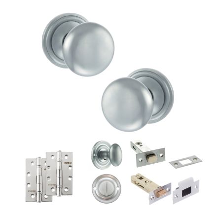 Old English Harrogate Door Knob Pack (Bathroom Set - 3" Deadbolt, 4" Slim Knuckle Hinges x2) - Satin Chrome