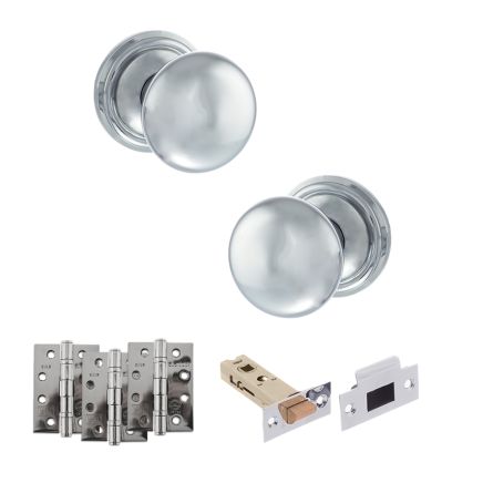 Old English Harrogate Door Knob Pack (Latch Set - 3" HD Latch, 4" Fire Rated Hinges x3) - Polished Chrome