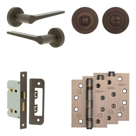 Complete Gio Door Handle Pack - Bathroom Lock (Standard Thumb Turn) - Dark Bronze - 65mm / 4-inch Hinges - JE-E5A3-DB