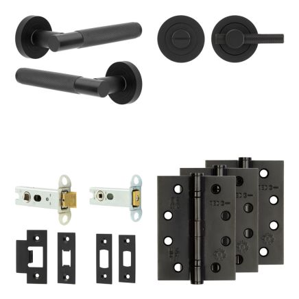 Complete Bari Door Handle Pack - Heavy Duty Tubular Bathroom (Knurled Thumb Turn) - Matt Black - 76mm / 4-inch Hinges - JE-D31A1-MB