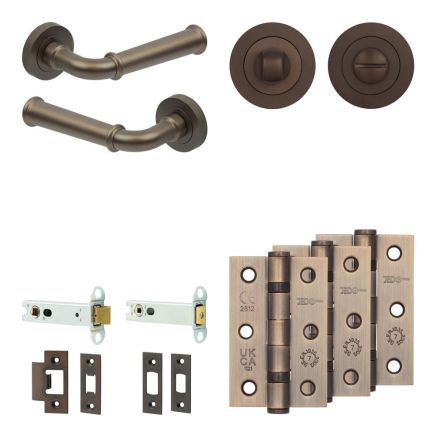 Complete Classic Door Handle Pack - Heavy Duty Tubular Bathroom (Standard Thumb Turn) - Dark Bronze - 102mm / 3-inch Hinges - JE-A32B3-DB