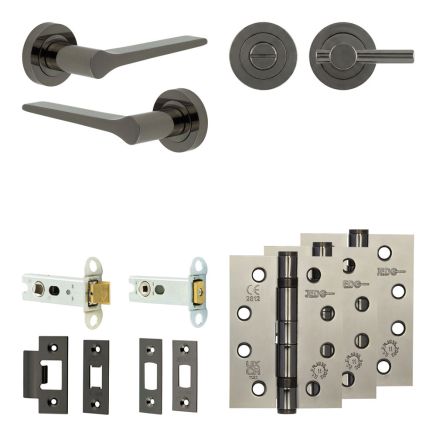 Complete Gio Door Handle Pack - Heavy Duty Tubular Bathroom (Plain Thumb Turn) - Black Nickel - 76mm / 4-inch Hinges - JE-E31A2-BN