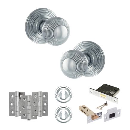 Old English Ripon Door Knob Pack (Lock Set - 3" Latch & Deadlock, 3" Fire Rated Hinges x3) - Polished Chrome