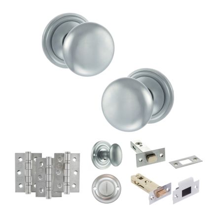 Old English Harrogate Door Knob Pack (Bathroom Set - 3" Deadbolt, 3" Fire Rated Hinges x3) - Satin Chrome