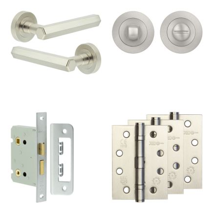 Complete Hex Door Handle Pack - Bathroom Lock (Standard Thumb Turn) - Satin Nickel - 76mm / 4-inch Hinges - JE-C6A3-SN