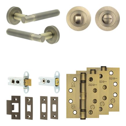 Complete Venice Door Handle Pack - Heavy Duty Tubular Bathroom (Standard Thumb Turn) - Antique Brass - 64mm / 4-inch Hinges - JE-F30A3-AB