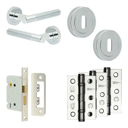 Complete Venice Door Handle Pack - Sashlock - Polished Chrome - 76mm / 3-inch Hinges - JE-F8B8-PC