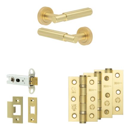 Complete Bloom Door Handle Pack - Heavy Duty Latch - Satin Brass - 76mm / 3-inch Hinges - JE-B21B-SB