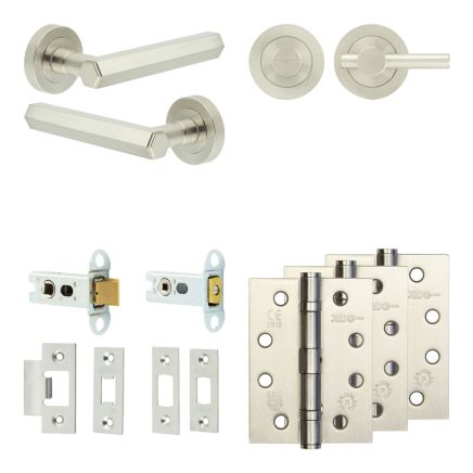 Complete Hex Door Handle Pack - Heavy Duty Tubular Bathroom (Plain Thumb Turn) - Satin Nickel - 64mm / 4-inch Hinges - JE-C30A2-SN
