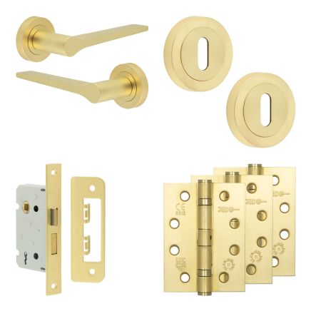 Complete Gio Door Handle Pack - Sashlock - Satin Brass - 65mm / 4-inch Hinges - JE-E7A8-SB