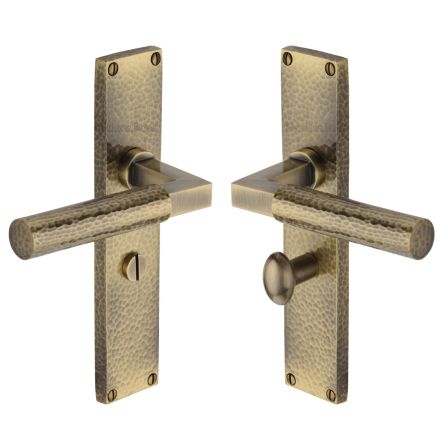 Heritage Brass Bauhaus Hammered Bathroom Set Door Handle on 200mm Plate Antique Brass finish