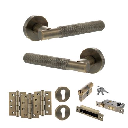 Senza Pari Rosarno Door Handle Pack (Euro Lock Set - 2.5" CE Sashlock, 4" Fire Rated Hinges x3) - Antique Brass
