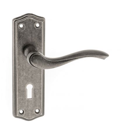 Old English Warwick Key Lever Door Handle on Backplate - Distressed Silver (Pair)