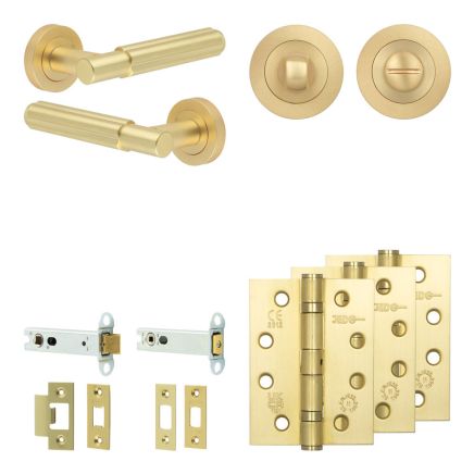 Complete Bloom Door Handle Pack - Heavy Duty Tubular Bathroom (Standard Thumb Turn) - Satin Brass - 102mm / 4-inch Hinges - JE-B32A3-SB