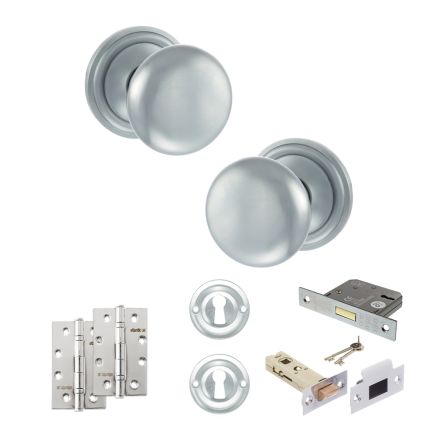 Old English Harrogate Door Knob Pack (Lock Set - 3" Latch & Deadlock, 4" Slim Knuckle Hinges x2) - Satin Chrome