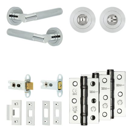 Complete Bari Door Handle Pack - Heavy Duty Tubular Bathroom (Standard Thumb Turn) - Polished Chrome - 64mm / 3-inch Hinges - JE-D30B3-PC