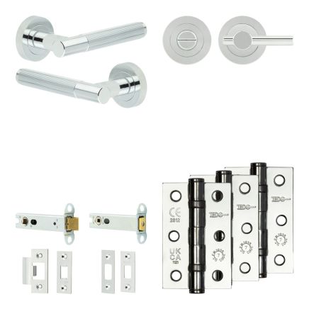 Complete Venice Door Handle Pack - Heavy Duty Tubular Bathroom (Plain Thumb Turn) - Polished Chrome - 102mm / 3-inch Hinges - JE-F32B2-PC