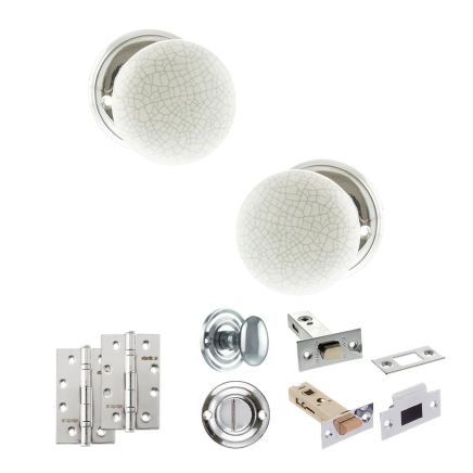 Old English Skipton Door Knob Pack (Bathroom Set - 3" Deadbolt, 4" Slim Knuckle Hinges x2) - Polished Chrome