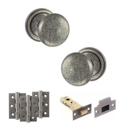 Old English Harrogate Door Knob Pack (Latch Set - 3" HD Latch, 3" Fire Rated Hinges x3) - Distressed Silver