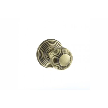 Old English Ripon Solid Brass Reeded Beehive Mortice Door Knob on Concealed Fix Rose - Antique Brass