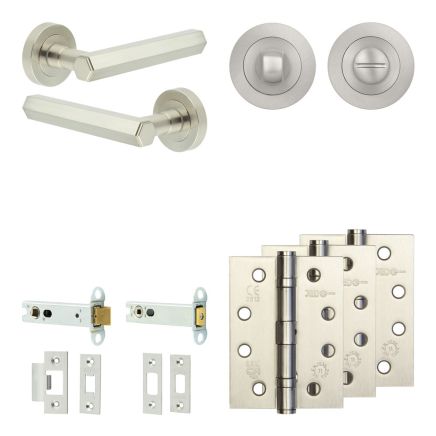 Complete Hex Door Handle Pack - Heavy Duty Tubular Bathroom (Standard Thumb Turn) - Satin Nickel - 102mm / 4-inch Hinges - JE-C32A3-SN