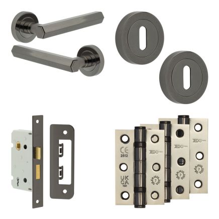 Complete Hex Door Handle Pack - Sashlock - Black Nickel - 65mm / 3-inch Hinges - JE-C7B8-BN