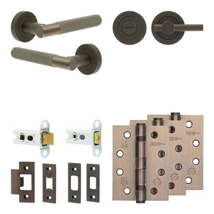 Complete Bari Door Handle Pack - Heavy Duty Tubular Bathroom (Plain Thumb Turn) - Dark Bronze - 64mm / 4-inch Hinges - JE-D30A2-DB