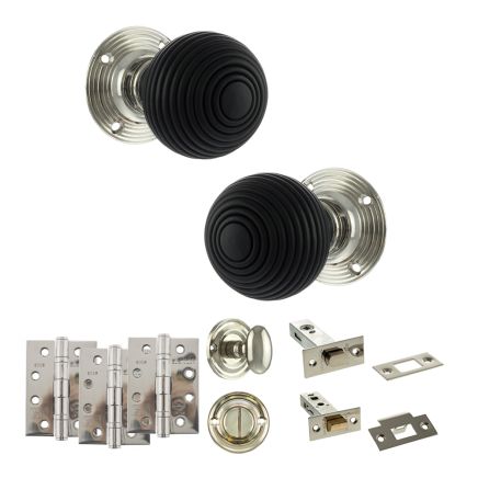 Old English Whitby Door Knob Pack (Bathroom Set - 3" Deadbolt, 4" Fire Rated Hinges x3) - Polished Nickel