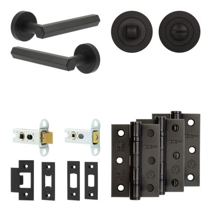 Complete Hex Door Handle Pack - Heavy Duty Tubular Bathroom (Standard Thumb Turn) - Matt Black - 64mm / 3-inch Hinges - JE-C30B3-MB