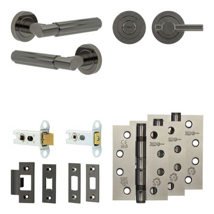Complete Bloom Door Handle Pack - Heavy Duty Tubular Bathroom (Plain Thumb Turn) - Black Nickel - 64mm / 4-inch Hinges - JE-B30A2-BN