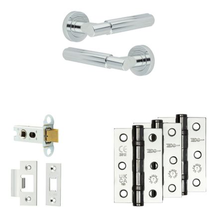 Complete Bloom Door Handle Pack - Heavy Duty Latch - Polished Chrome - 64mm / 3-inch Hinges - JE-B20B-PC