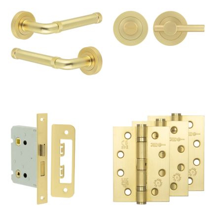Complete Midtown Door Handle Pack - Bathroom Lock (Plain Thumb Turn) - Satin Brass - 76mm / 4-inch Hinges - JE-G6A2-SB