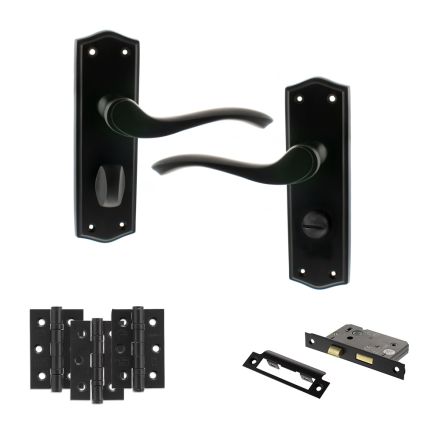 Old English Warwick Door Handle Pack (Bathroom Set - 2.5" CE Bathroom Lock, 3" Fire Rated Hinges x3) - Matt Black