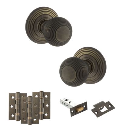 Old English Ripon Door Knob Pack (Latch Set - 3" HD Latch, 3" Fire Rated Hinges x3) - Urban Bronze