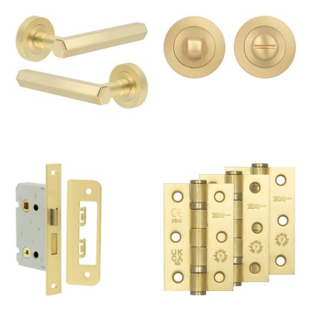 Complete Hex Door Handle Pack - Bathroom Lock (Standard Thumb Turn) - Satin Brass - 65mm / 3-inch Hinges - JE-C5B3-SB