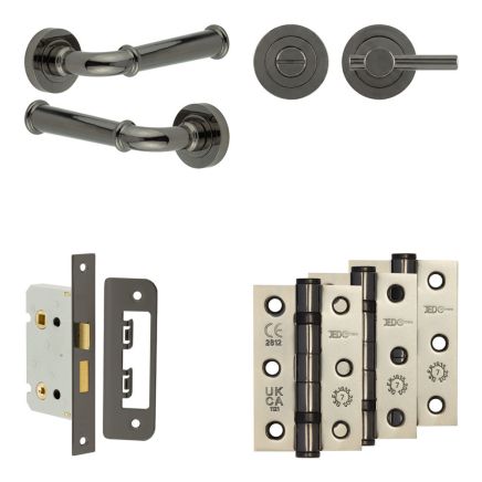Complete Classic Door Handle Pack - Bathroom Lock (Plain Thumb Turn) - Black Nickel - 65mm / 3-inch Hinges - JE-A5B2-BN