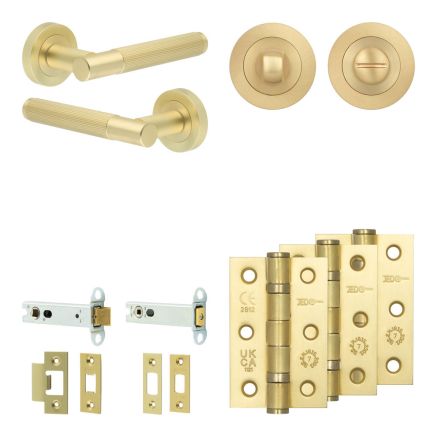 Complete Venice Door Handle Pack - Heavy Duty Tubular Bathroom (Standard Thumb Turn) - Satin Brass - 102mm / 3-inch Hinges - JE-F32B3-SB