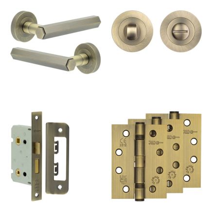 Complete Hex Door Handle Pack - Bathroom - Antique Brass - By Frelan Hardware - JE-C5A3-AB