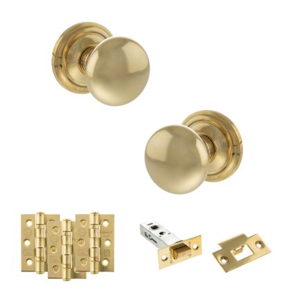 Old English Harrogate Door Knob Pack (Latch Set - 4" HD Latch, 3" Fire Rated Hinges x3) - Raw Brass