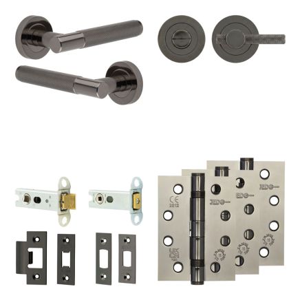 Complete Bari Door Handle Pack - Heavy Duty Tubular Bathroom (Knurled Thumb Turn) - Black Nickel - 76mm / 4-inch Hinges - JE-D31A1-BN