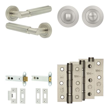 Complete Bloom Door Handle Pack - Heavy Duty Tubular Bathroom (Standard Thumb Turn) - Satin Nickel - 102mm / 3-inch Hinges - JE-B32B3-SN