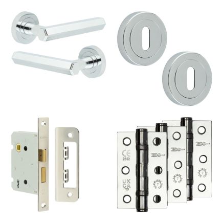 Complete Hex Door Handle Pack - Sashlock - Polished Chrome - 76mm / 3-inch Hinges - JE-C8B8-PC